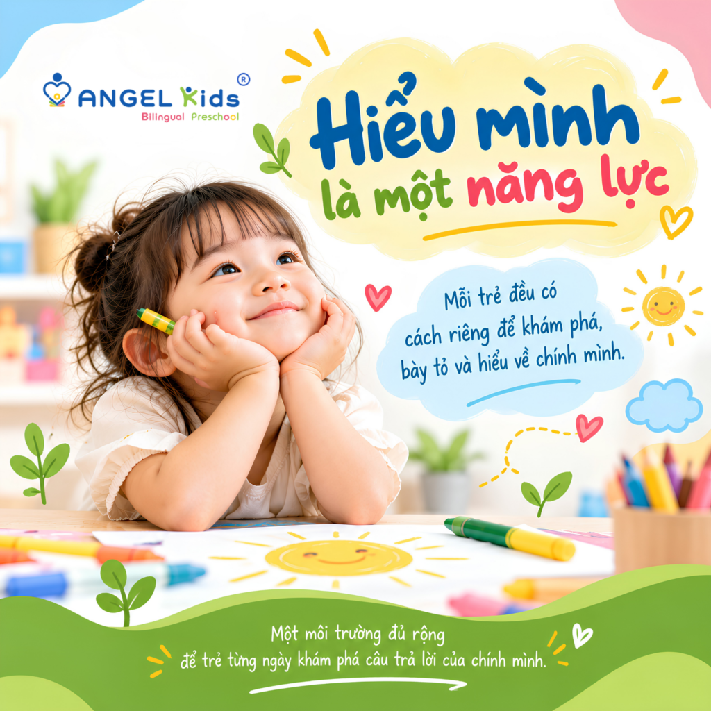 Hiểu mình là một năng lực – nhận thức về bản thân ở trẻ mầm non qua khám phá, bày tỏ cảm xúc và hiểu chính mình tại Angel Kids.